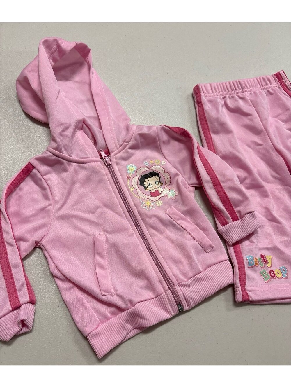 Baby Boop Betty Boop Girls 2pc Track Suit Set Size 12M Pink Hooded Jacket Pants